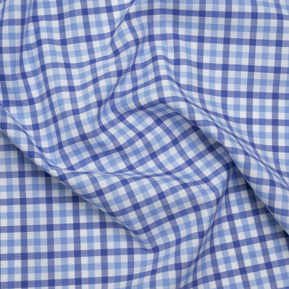 Cotton Twill Shirting - Cobalt, Sky Blue and White Tattersall Check - Designer Deadstock