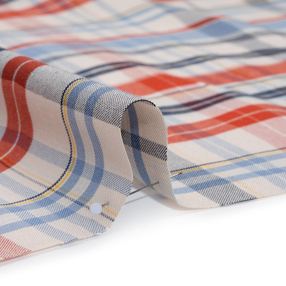 Cotton Oxford Shirting - Cream, Red and Blue Plaid - Deadstock - Detail