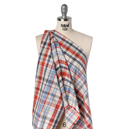 Cotton Oxford Shirting - Cream, Red and Blue Plaid - Deadstock