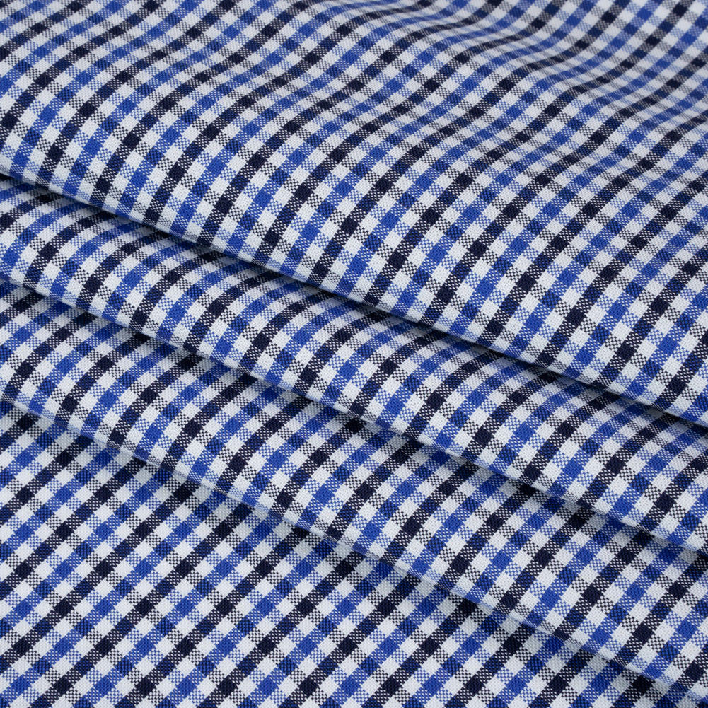 Cotton Oxford Shirting - Blue, Midnight and White Tattersall Check - Deadstock - Folded