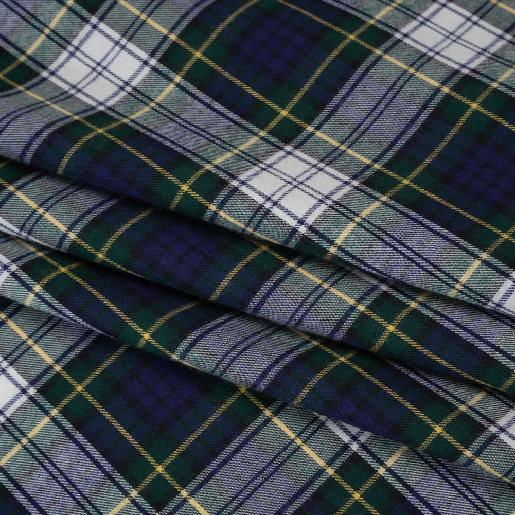 Brushed Cotton Twill Shirting - Blue, Green and Yellow Plaid - Designer Deadstock