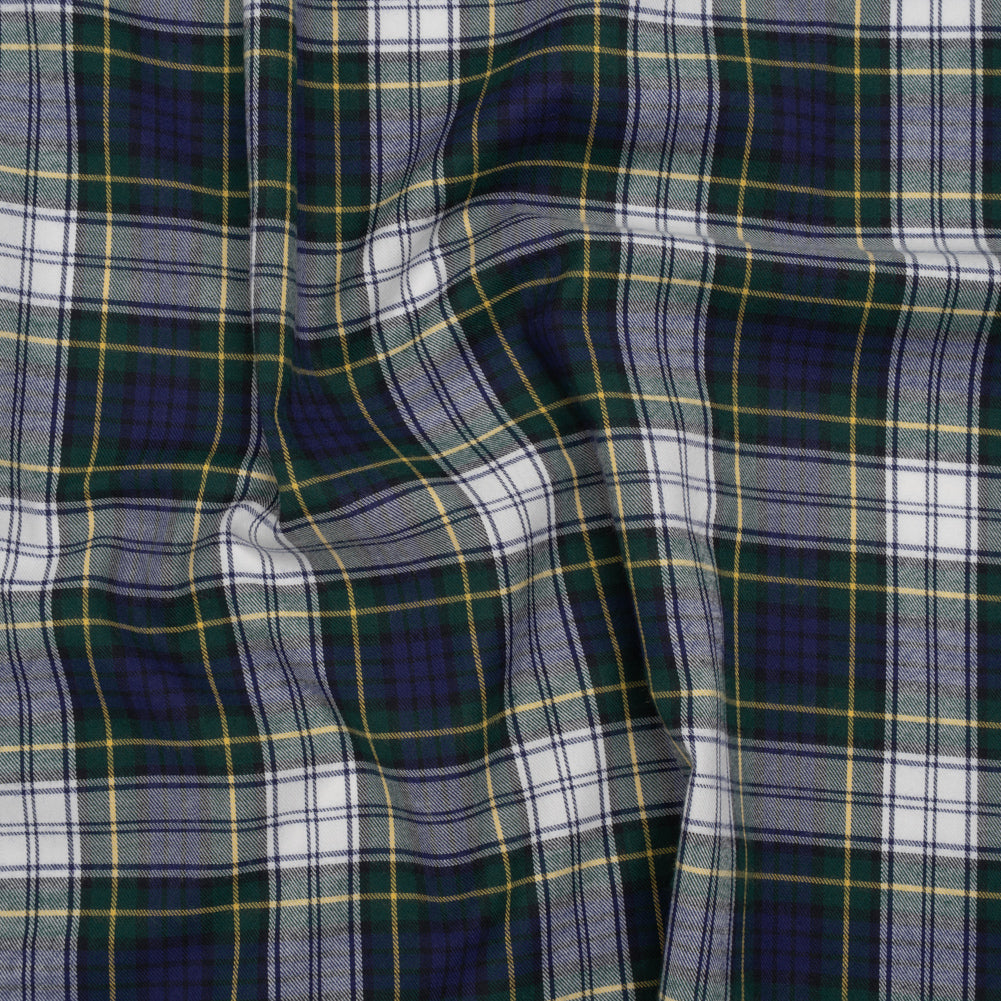 Brushed Cotton Twill Shirting - Blue, Green and Yellow Plaid - Designer Deadstock