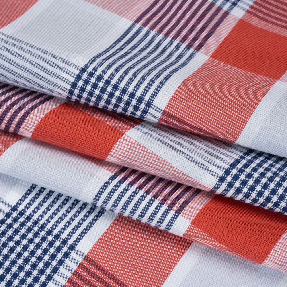 Cotton Oxford Shirting - Sky Blue, Navy and Light Red Plaid - Deadstock - Folded