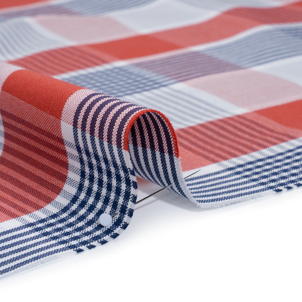 Cotton Oxford Shirting - Sky Blue, Navy and Light Red Plaid - Deadstock - Detail