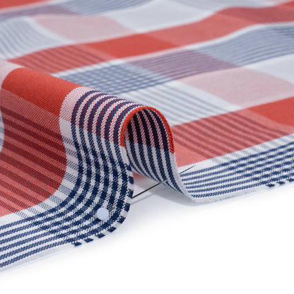 Cotton Oxford Shirting - Sky Blue, Navy and Light Red Plaid - Deadstock