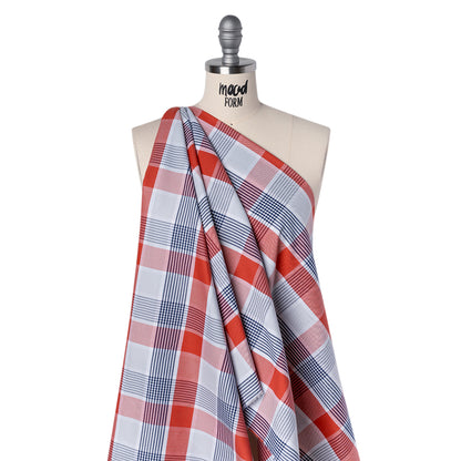 Cotton Oxford Shirting - Sky Blue, Navy and Light Red Plaid - Deadstock