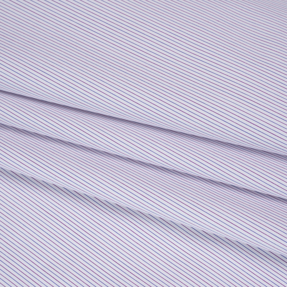 Cotton Twill Shirting - White, Blue and Purple Pinstripes - Deadstock