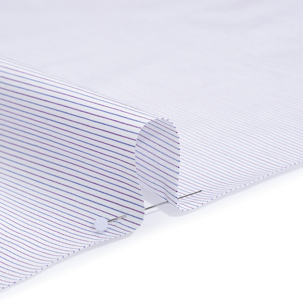 Cotton Twill Shirting - White, Blue and Purple Pinstripes - Deadstock