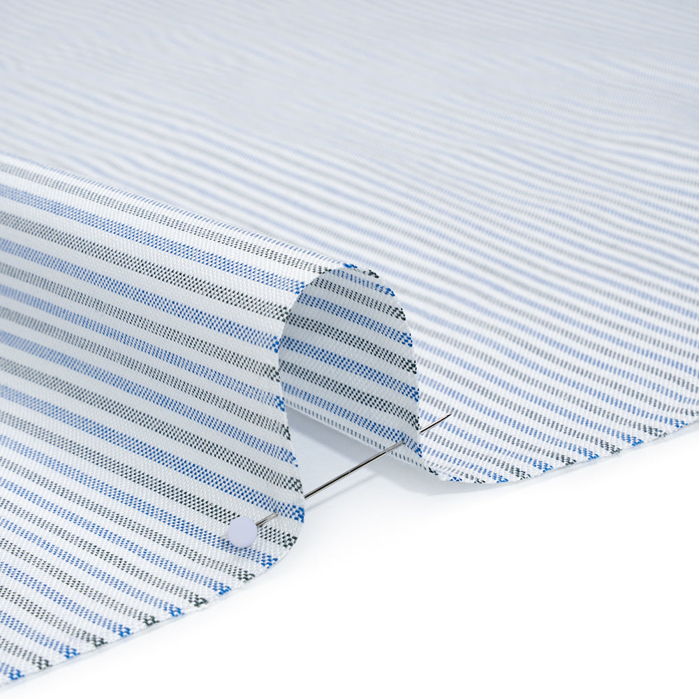 Cotton Oxford Shirting - Blue, Olive Green and White Candy Stripes - Deadstock Detail