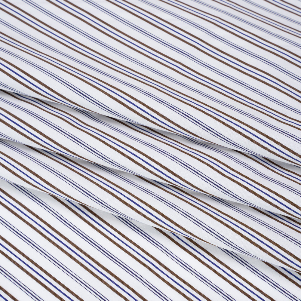 Cotton Shirting - Blue, Brown and White Ticking Stripes - Deadstock