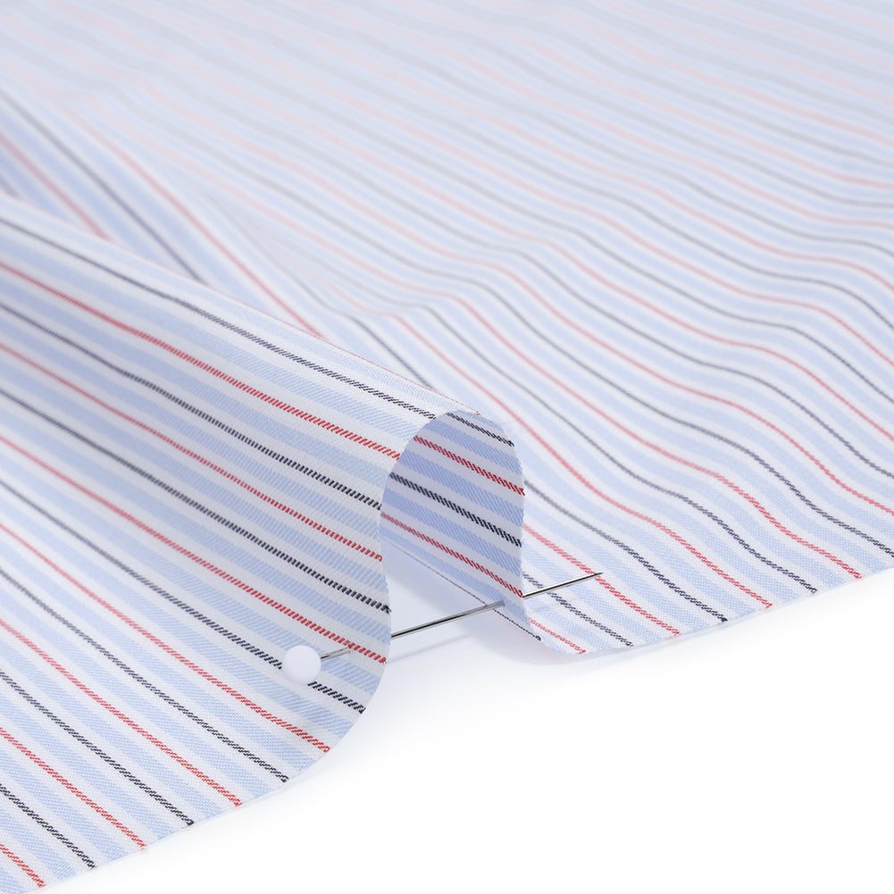 Cotton Twill Shirting - Light Blue, Red and Black Stripes - Deadstock