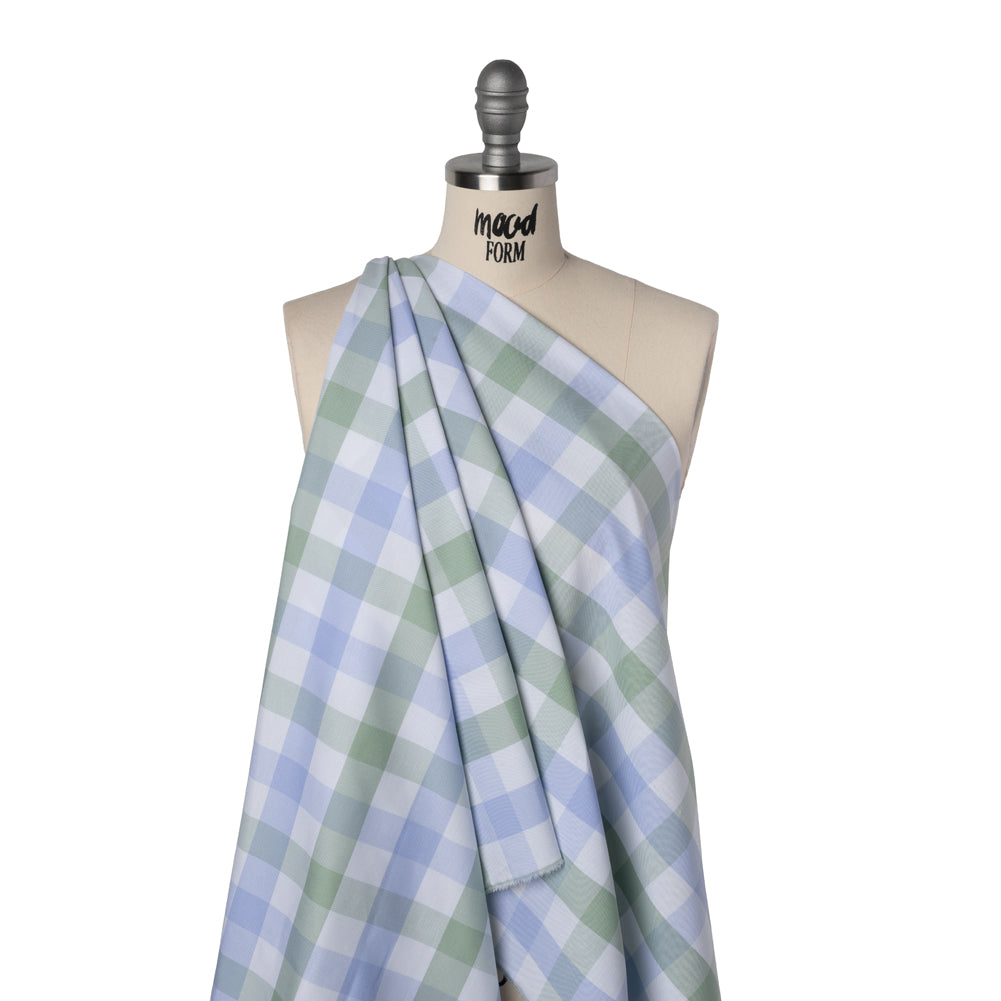 Cotton Oxford Shirting - Light Blue, Sage Green and White Big Tattersall Checks - Deadstock