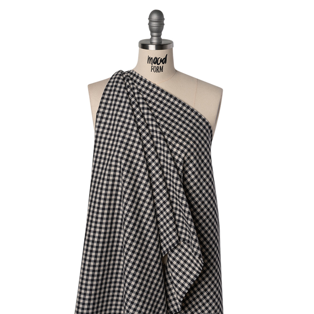 Brushed Cotton Twill Shirting Flannel - Black and Off White Checks - Designer Deadstock Drape