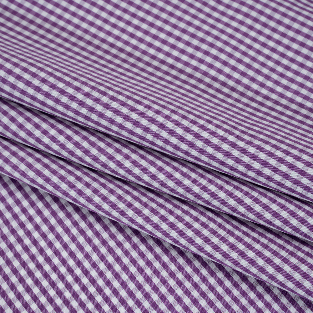 Cotton Gingham Shirting - Purple and White Checks - Designer Deadstock - Folded