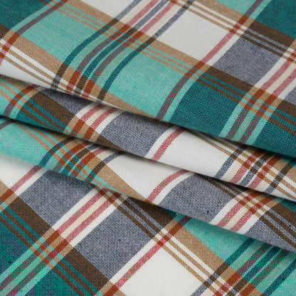 Brushed Cotton Shirting - Aqua Blue, Tan and Red Plaid - Deadstock