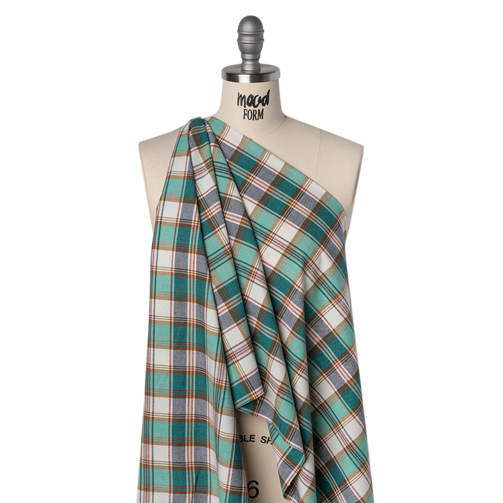 Brushed Cotton Shirting - Aqua Blue, Tan and Red Plaid - Deadstock - Drape