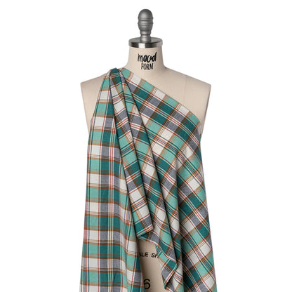 Brushed Cotton Shirting - Aqua Blue, Tan and Red Plaid - Deadstock