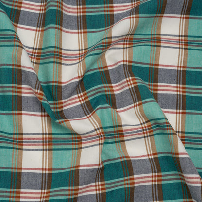 Brushed Cotton Shirting - Aqua Blue, Tan and Red Plaid - Deadstock
