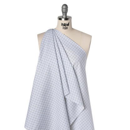 Cotton Twill Shirting - Sky Blue, Navy and White Tattersall Check - Designer Deadstock