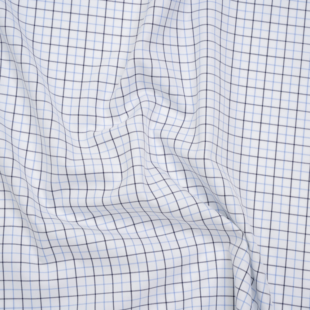 Cotton Twill Shirting - Sky Blue, Navy and White Tattersall Check - Designer Deadstock