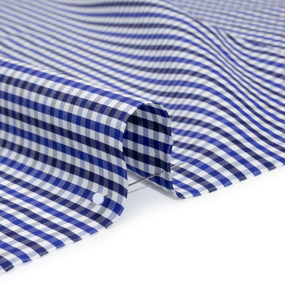 Cotton Shirting - Cobalt, Midnight Navy and White Tattersall Check - Designer Deadstock - Detail