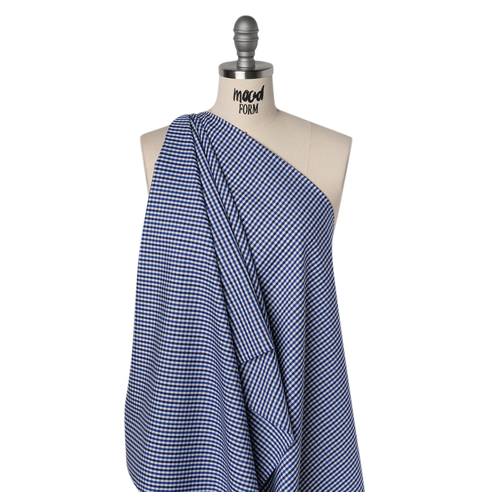 Cotton Shirting - Cobalt, Midnight Navy and White Tattersall Check - Designer Deadstock - Drape