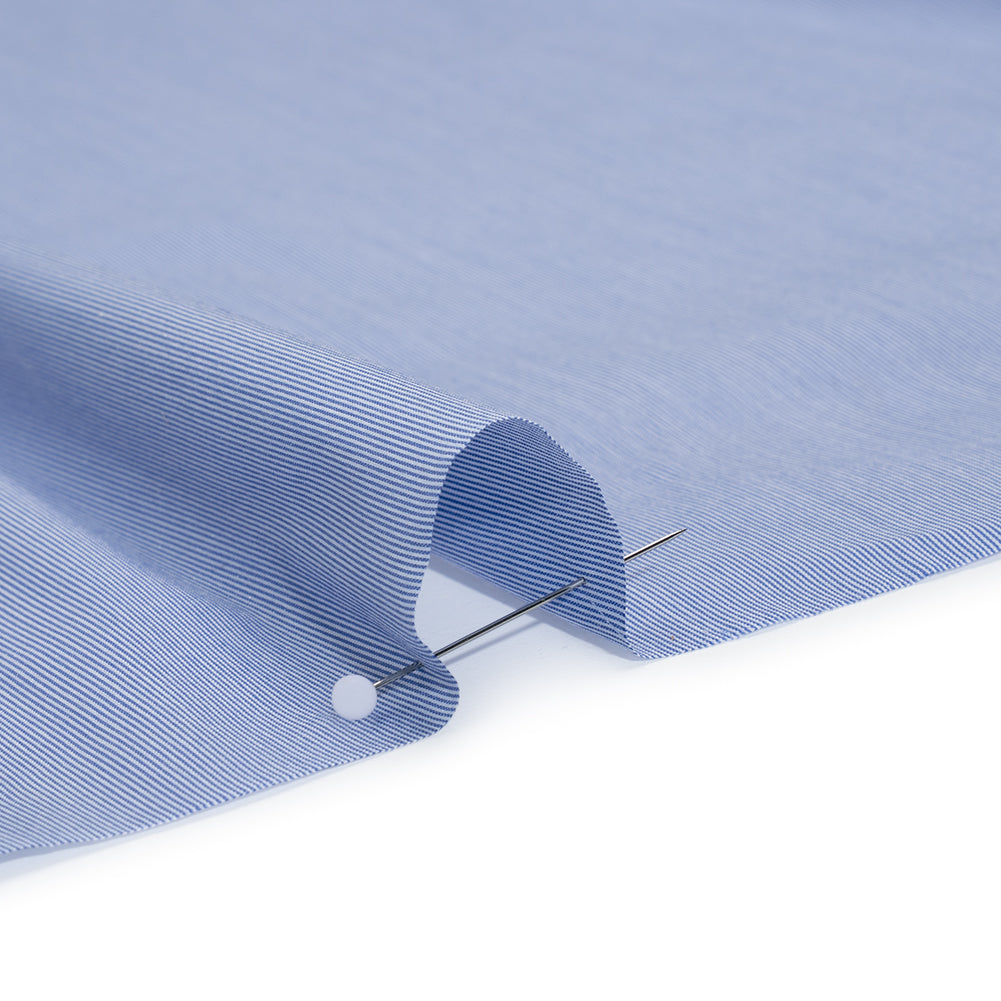 Stretch Cotton Shirting - Bold Blue and White Micro Stripes - Designer Deadstock
