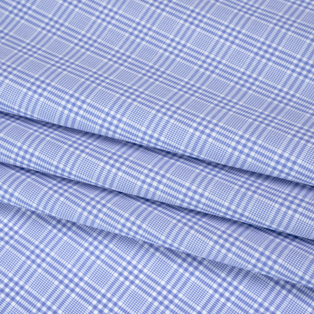 Cotton Shirting - Light Blue and White Checked Plaid - Designer Deadstock