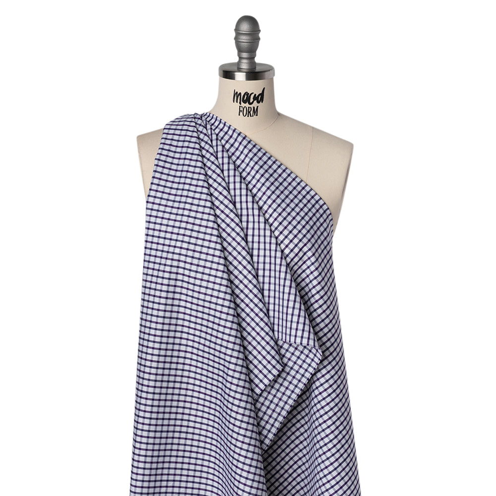 Cotton Twill Shirting - Navy Blue, Purple and White Tattersall Check - Designer Deadstock - Drape