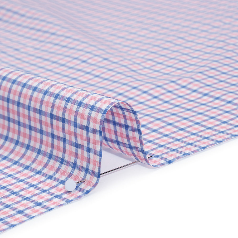 Cotton Shirting - Blue and Pink Tattersall Checks - Designer Deadstock - Detail