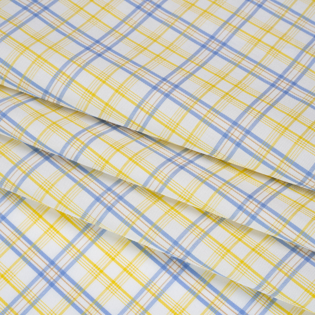 Cotton Twill Shirting - Sky Blue, Sunshine Yellow and White Plaid - Deadstock - Folded
