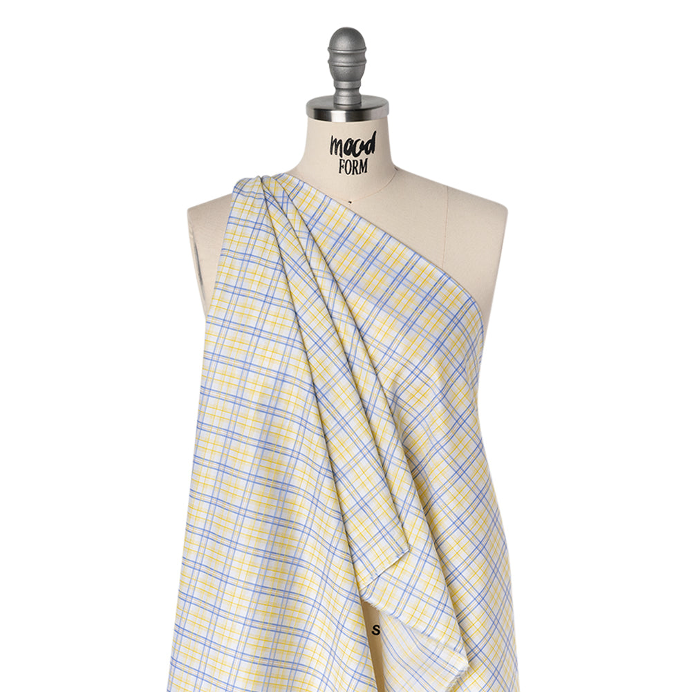 Cotton Twill Shirting - Sky Blue, Sunshine Yellow and White Plaid - Deadstock - Drape