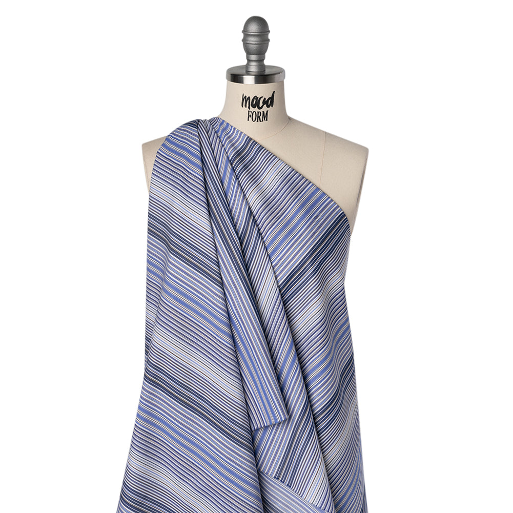 Cotton Shirting - Blue, Brown and White Barcode Stripes - Designer Deadstock