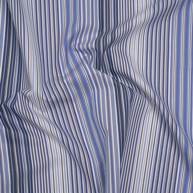 Cotton Shirting - Blue, Brown and White Barcode Stripes - Designer Deadstock