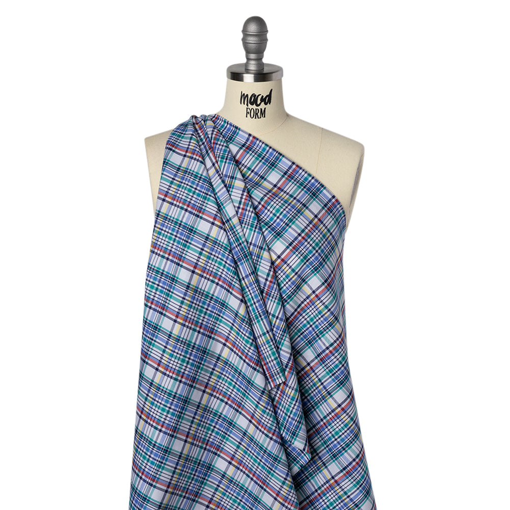 Cotton Twill Shirting - Blue, Green and Navy Colorful Plaid - Deadstock - Drape