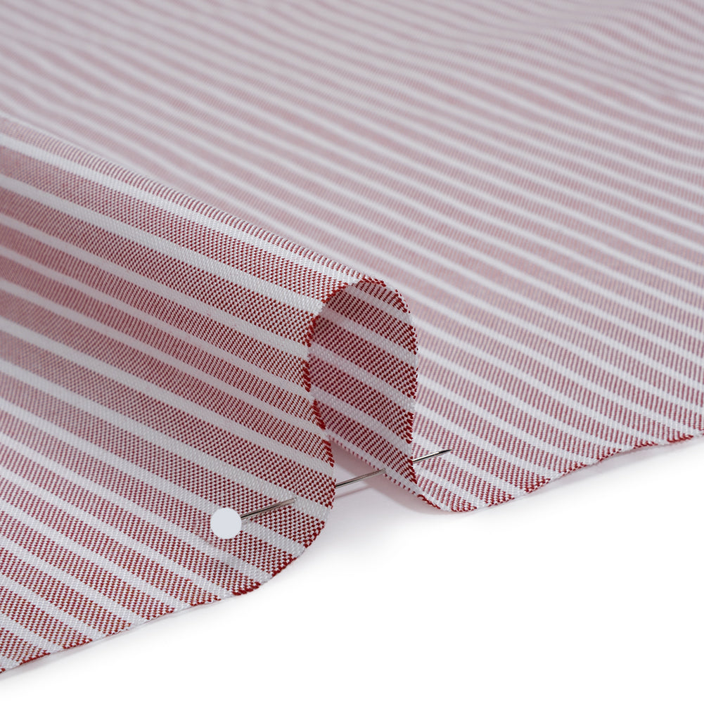 Cotton Oxford Shirting - Dark Red and White Stripes - Designer Deadstock