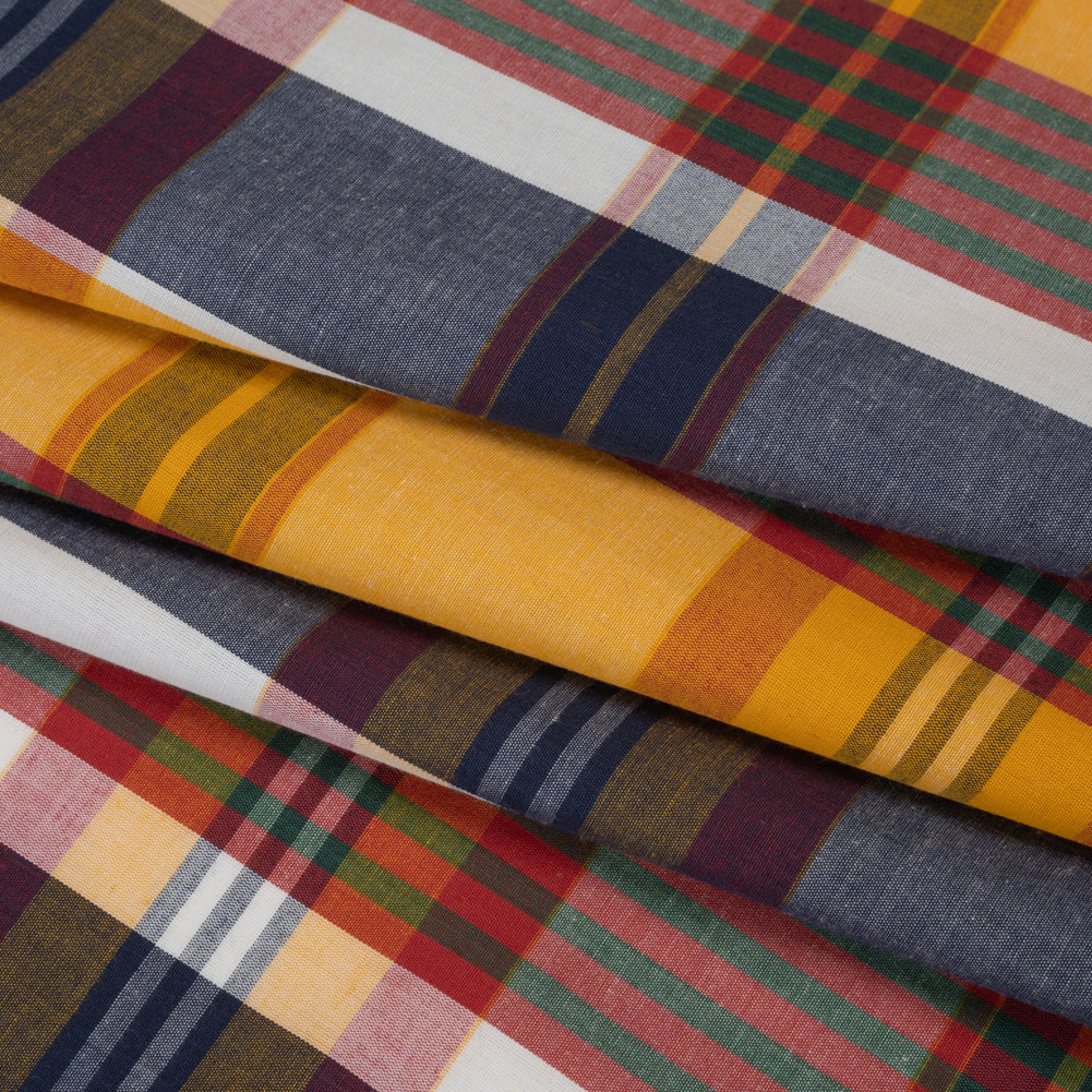 Rustic Cotton Shirting - Golden Yellow, Red and Navy Blue Plaid - Deadstock - Folded