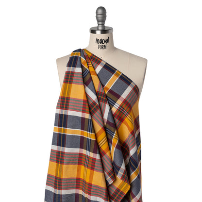 Rustic Cotton Shirting - Golden Yellow, Red and Navy Blue Plaid - Deadstock