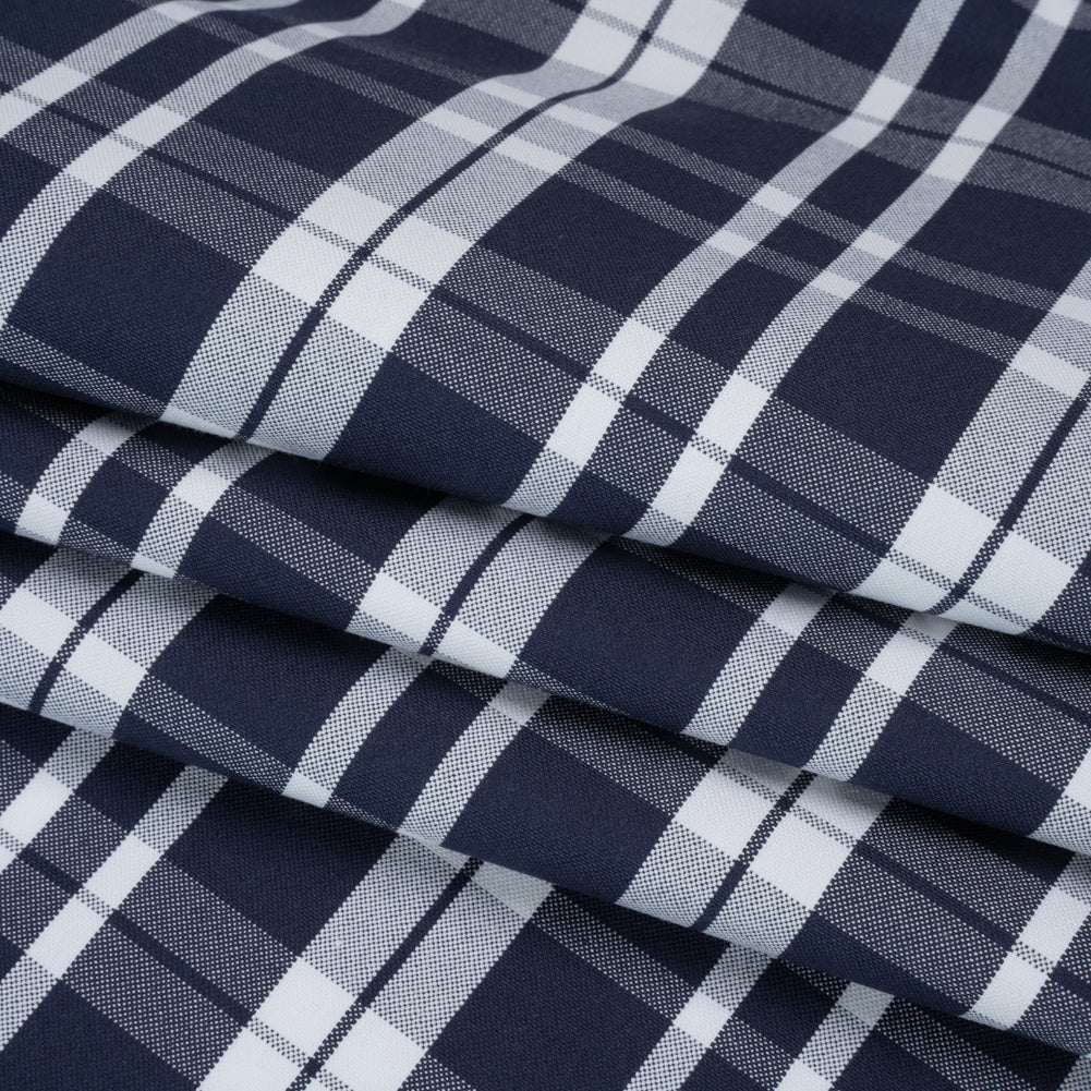 Cotton Oxford Shirting - Dark Blue and White Plaid - Deadstock Folded