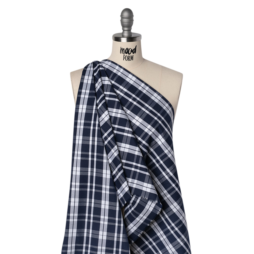 Cotton Oxford Shirting - Dark Blue and White Plaid - Deadstock Drape