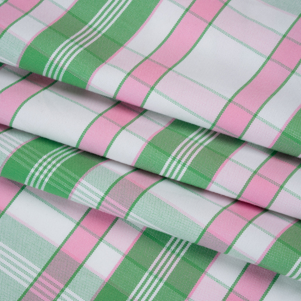 Cotton Oxford Shirting - Bubblegum Pink, Kelly Green and White Plaid - Deadstock Folded