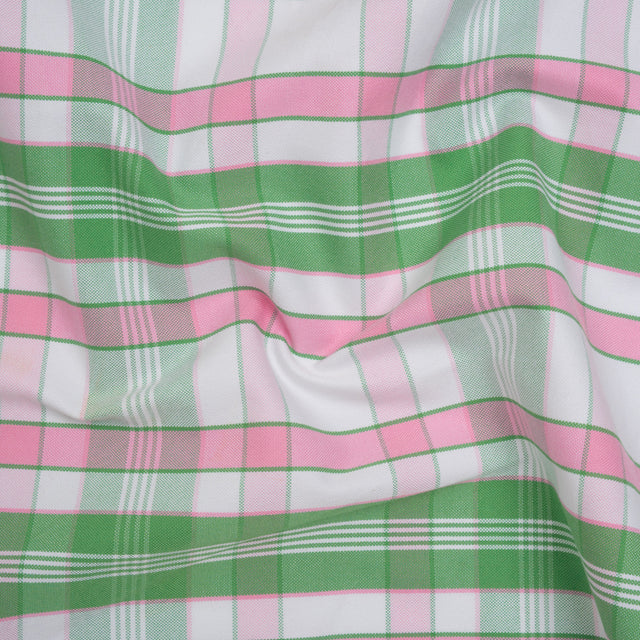 Cotton Oxford Shirting - Bubblegum Pink, Kelly Green and White Plaid - Deadstock
