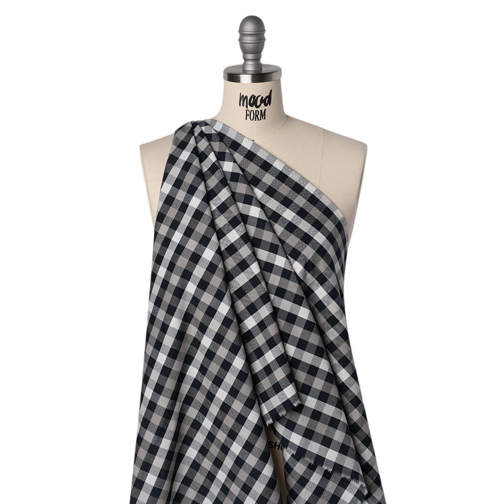 Cotton Oxford Shirting - Midnight Blue, Light Gray and White Checks - Designer Deadstock - Drape