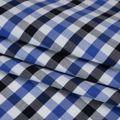 Cotton Oxford Shirting - Bright Blue, Midnight Navy and White Big Tattersall Check - Deadstock