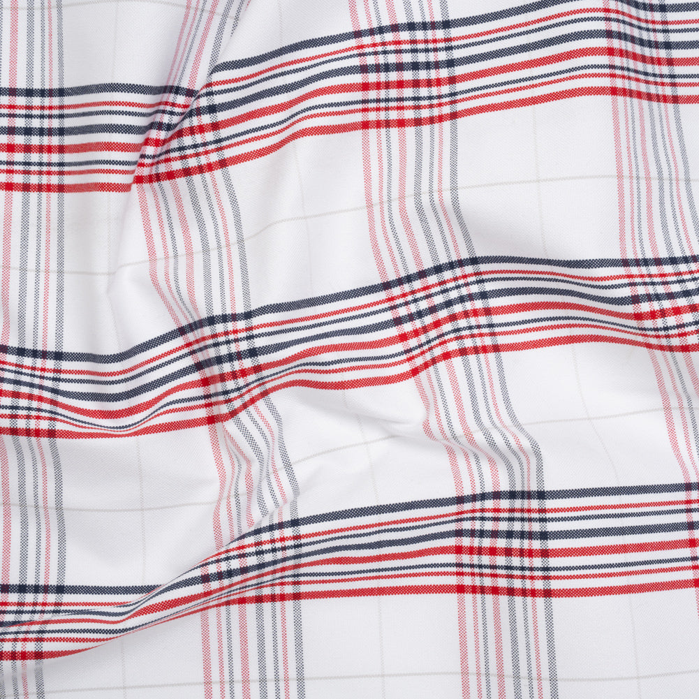 Cotton Oxford Shirting - Navy, Red, and Pale Gray Plaid - Deadstock
