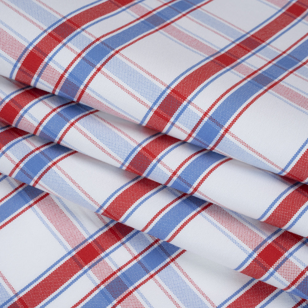 Cotton Oxford Shirting - Light Blue, Red and White Plaid - Deadstock Folded