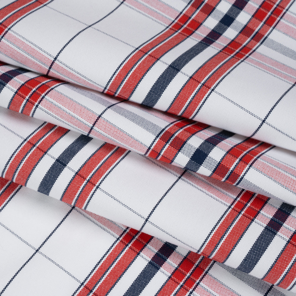 Cotton Oxford Shirting - Navy Blue, Red and White Plaid - Deadstock - Folded