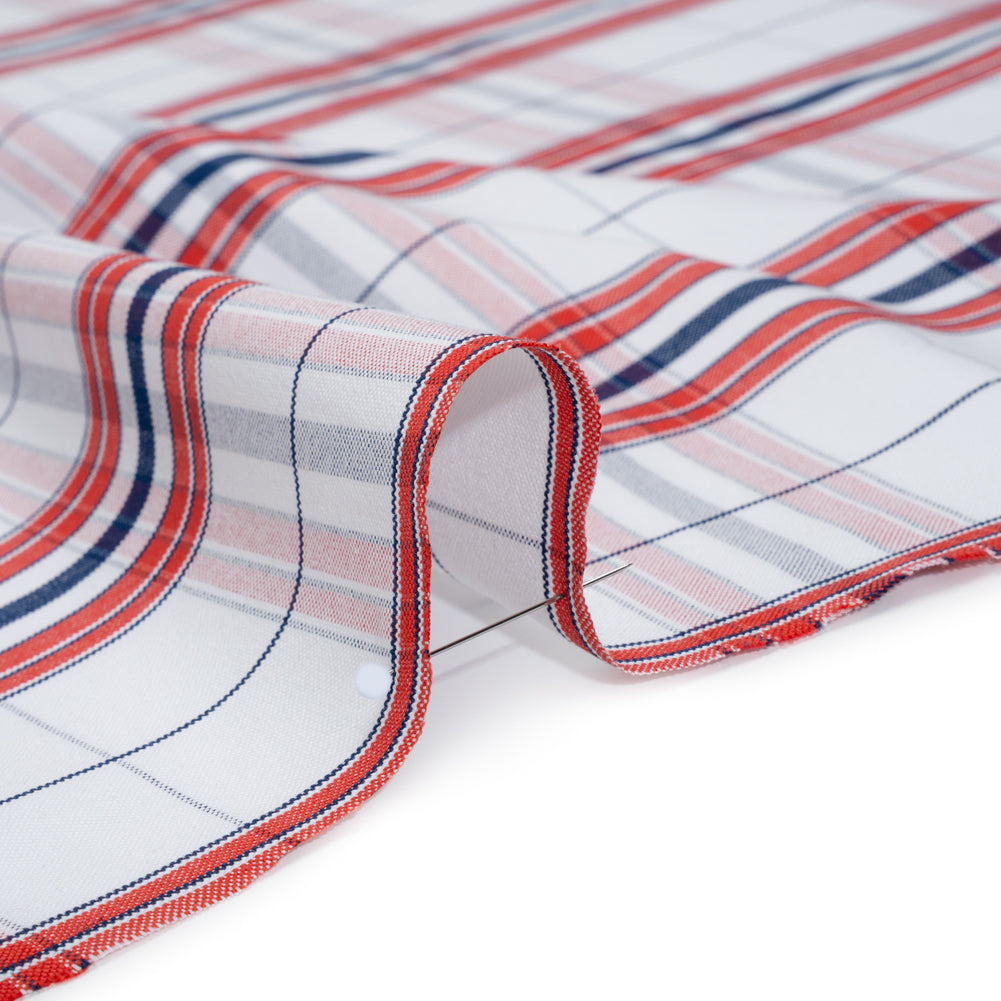 Cotton Oxford Shirting - Navy Blue, Red and White Plaid - Deadstock - Detail