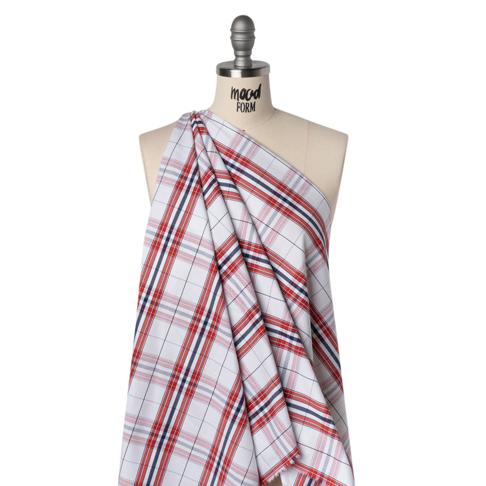 Cotton Oxford Shirting - Navy Blue, Red and White Plaid - Deadstock - Drape