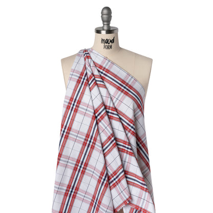 Cotton Oxford Shirting - Navy Blue, Red and White Plaid - Deadstock